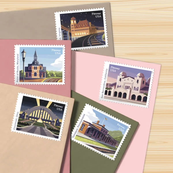 Forever Stamps 2023 Railroad Stations-Historic Trains Collection, First-Class Postage